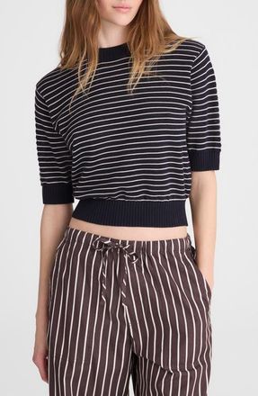 Madewell Textural Stitch Cotton Crewneck Sweater in Navy And Ivory Mini Stripe at Nordstrom, Size Xx-Small