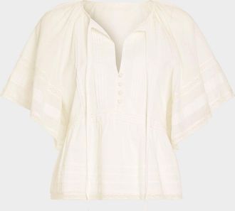 Ramy Brook Sherry Tie-Neck Short-Sleeve Cotton Blouse