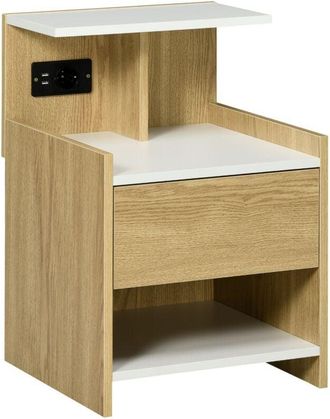 HOMCOM Homcom - Mesita De Noche Moderna Mesilla De Moche Con Puertos Usb Toma De Corriente Caj&oacute;n Y Estantes Mesa De Noche Para Dormitorio 40x40x60 Cm Natural