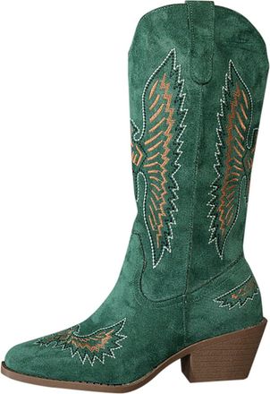 Generic Wellington Boots Women,Mid Calf Cowgirl Chunky Low Heel Womens Cowboy Boot Embroidery Stitched Western Shoes for Party and Dress Up Point Toe Shoes Pi