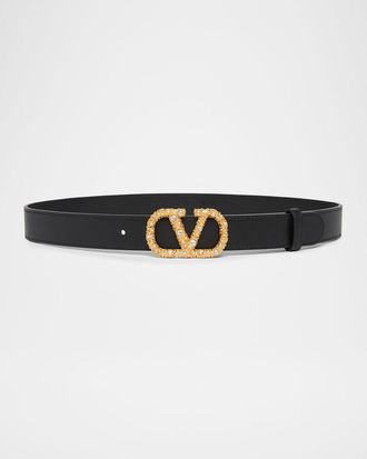 Valentino Garavani VLogo Signature Crystal-Embellished Leather Belt, 30mm