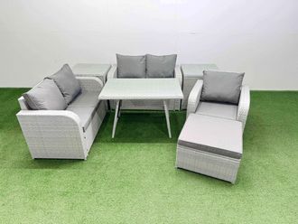 Fimous 6 Seater Rattan Garden Furniture Set Love Sofa Reclining Chair Set in Light Grey