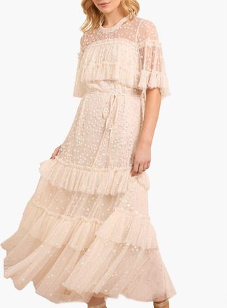 Needle & Thread Leila Dot Tiered Cape Ankle Gown in Cream at Nordstrom, Size 10