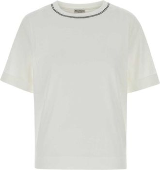 Brunello Cucinelli White Round Neck Embellished T-Shirt