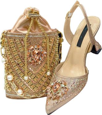 Generic Womens Stiletto High Heel Shoes and Gold Chain Handbag Set Sparkly Rhinestone Big Crystal Decoration