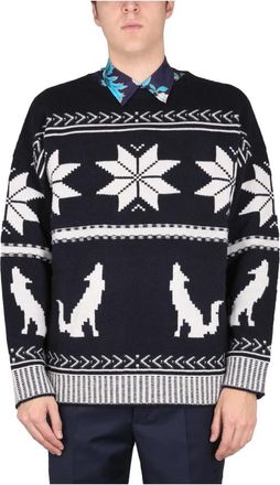 Etro Crewneck Intarsio Sweater - Heren - Ronde hals truien - Blauw - M - Katoen - Truien & Vesten