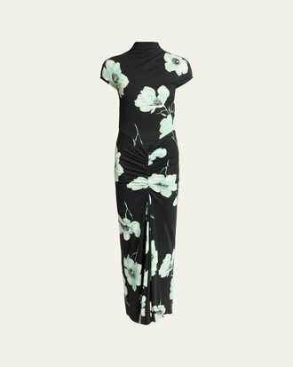 Alaia Draped Floral-Print Jersey Maxi Dress