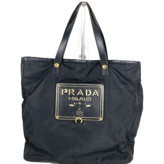 Prada Black Leather Nylon Handbag Tote Bag (Pre-Owned)
