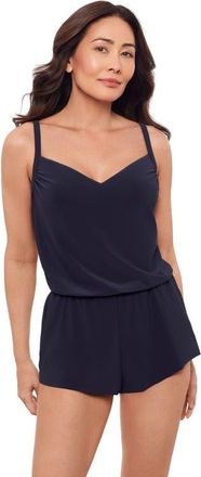 Aqua Green V-Neck Blouson Slimming Swimsuit Romper with Pockets in True Navy at Nordstrom, Size X-Large
