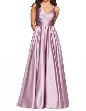 Faviana V-Neck Pleated Satin Gown In Deep Mauve