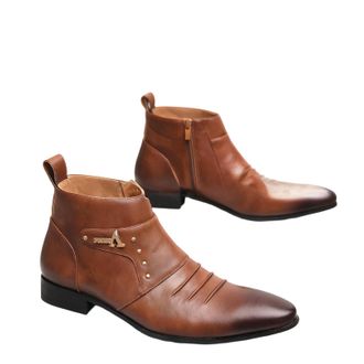 Generic Mens Pointed Toe Formal Ankle Boots PU Leather Short Boots with Side Zipper Flat Heel Office Dress Shoes,Brown,7.5 UK