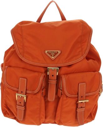 Prada Vela Double Front Pocket Backpack Tessuto With Saffiano Leather Orange Nylon Backpack Bag (Pre-Owned)
