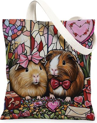 Generic Valentines Day Pig Canvas Tote Bag for Shopping 13x15, Stained Glass Animal Couple Reusable Grocery Print Bag for Women, Holiday Beach Aesthetic Paint
