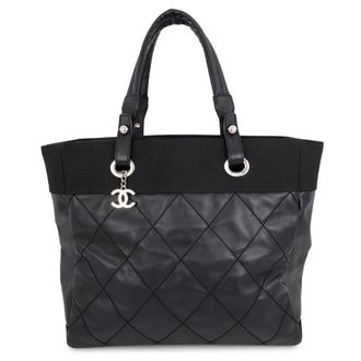 Chanel Black Leather Canvas Tote Bag (Pre-Owned)