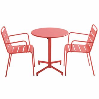 Oviala Conjunto de mesa de jard&iacute;n y 2 sillones en metal rojo