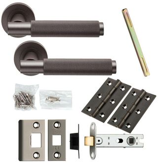 Loops Door Handle & Latch Pack Matt Bronze Knurled Round Bar Screwless Round Rose