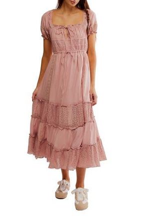 Free People Falling Sun Puff Sleeve Midi Dress in Pale Mauve at Nordstrom Rack, Size Large