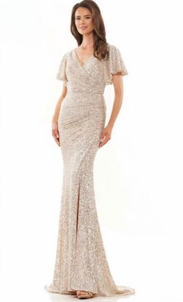 Colors Dress Sequin Fit And Flare V-Neck Gown In Champagne