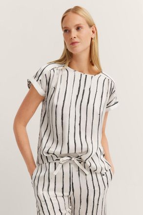 Bugatti Kurzarmbluse BUGATTI, Damen, Gr. 38, weiss (290, wei&szlig;), 100% Viskose, gestreift, normal, Rundhals, normaler Saum, Blusen Kurzarmbluse, mit Streifenpri