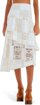 Farm Rio Lace Detail Tiered Asymmetric Cotton Skirt in Off-White at Nordstrom, Size Xx-Small