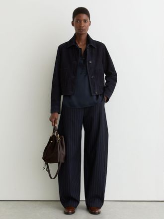 Reiss Navy Barrel-leg Pinstripe Trousers, 12R