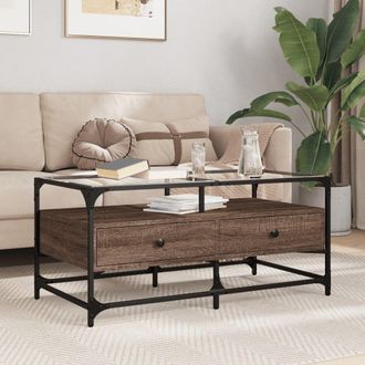 Berkfield Home Coffee Table with Glass Top Brown Oak 98.5x50x45 cm Steel