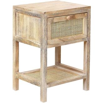 Beliani Comodino 1 cassetto con ripiano basso rattan e legno chiaro 35 x 29 cm boho Esto