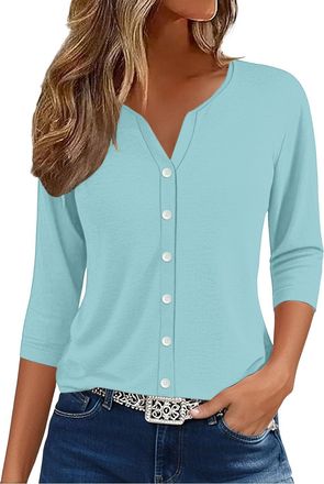 Generic Black Polo Shirt Women Button Down Shirts for Women UK Fashion 3/4 Sleeve Lightweight Summer Henley Cardigan Elegant Basic Casual V Neck Three Quarter