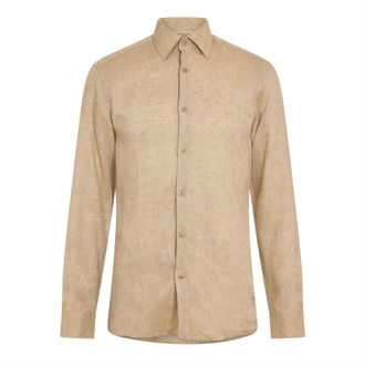 HUGO BOSS Mens Linen Point Collar Long-Sleeved Formal Shirt (Light Beige) - Size 16.5 inch