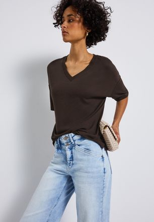 Street One T-Shirt mit V-Ausschnitt und im Strick-Look