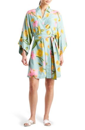 Natori Solene Matte Charmeuse Robe in Teal Multi at Nordstrom, Size X-Small