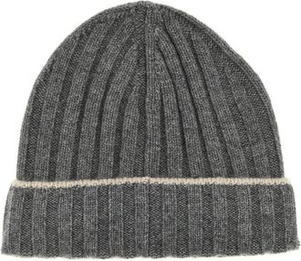 Brunello Cucinelli Contrast Line Beanie - Heren - Hoeden - Grijs - XL - Kasjmier - Accessoires