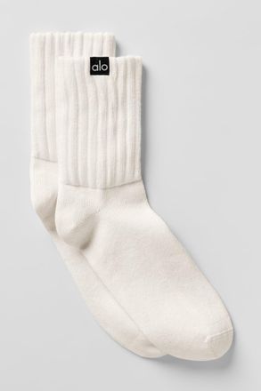 Alo | Half-Crew Scrunch Socks in Ivory White, Size: Medium