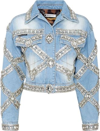 Philipp Plein cropped brooch jacket - women - Cotton/Polyester/Polyester/Glass Fiber - S - Blue