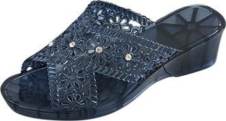 Generic Fashionable Womens Jelly Rhinestone Slippers with Medium Heel and Thick Sole for Casual Comfort (Black, 4.50)