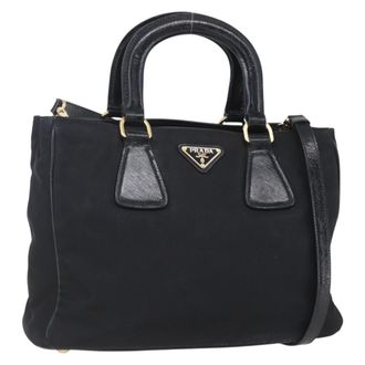 Prada Convertible Top Handle Tote Tessuto With Vernice Saffiano Leather Black Nylon Handbag (Pre-Owned)