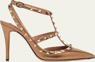 Valentino Garavani 100mm Rockstud Metallic Leather Ankle-Strap Pumps