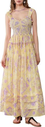 Generic Womens Aesthetic Flower Printed Sleeveless Long Dress Y2K Sweetheart Neck Ruffle Layered Dress Summer Holiday Dress, yellow, S