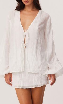 SNDYS Brandi Oversize Crinkle Tie Front Top in White at Nordstrom, Size X-Small