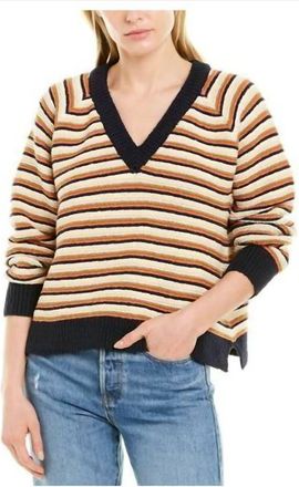 Madewell Arden V-Neck Crop Pullover Cotton Sweater Stripe In Multicolor