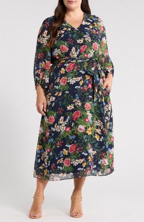 Anne Klein Floral Print Tie Waist Midi Dress in Distant Mountain Multi at Nordstrom, Size 18W