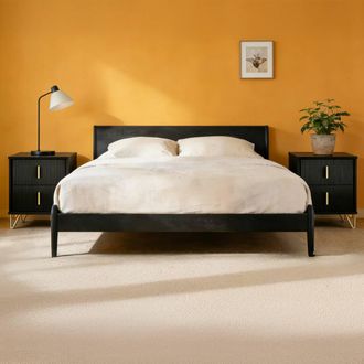 SoBuy Set of 2 Bedside Table 2 Drawer - Nightstand Ribbed Front & Gold Legs - H47cm in Black