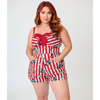 Unique Vintage Plus Size 1950s Spaghetti Strap Romper in White & Red W/Elephant Print at Nordstrom, Size 2X