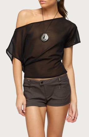 Edikted Noria One-Shoulder Sheer Chiffon Top in Black at Nordstrom, Size X-Small