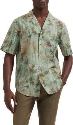 Bugatchi Jackson Palm Tree Print Cotton Camp Shirt in Khaki at Nordstrom, Size Medium