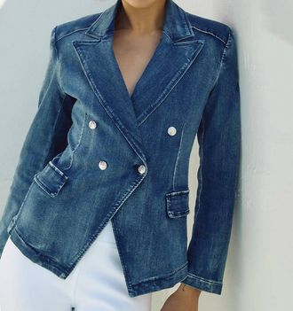 Joseph Ribkoff Stretch Denim Double Breasted Blazer In Med. Blue