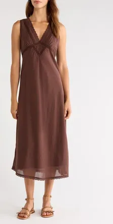 Lucky Brand Lace Trim Midi Dress in Chicory Coffee at Nordstrom, Size Xx-Large