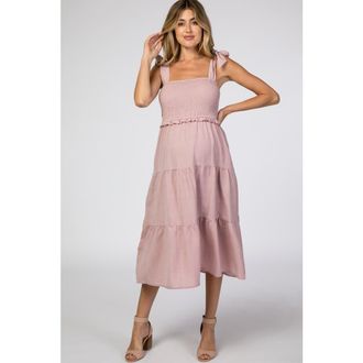 Pinkblush Bow Strap Tiered Midi Dress in Mauve at Nordstrom, Size Medium
