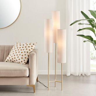 Furniturebox Suri Brass Plated Boho Triple Floor Lamp 3 With White Shades in Gold