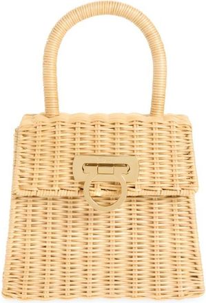 Ferragamo Small Iconic Top Handle Wicker Handbag in Naturale Nero at Nordstrom